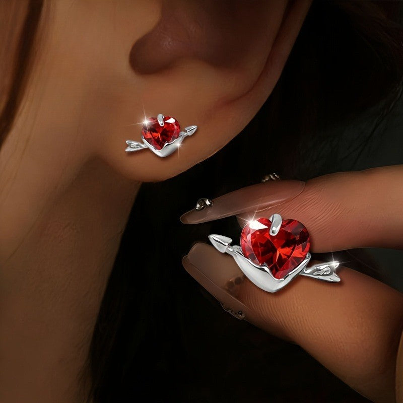 Red Crystal Heart Arrow Earrings