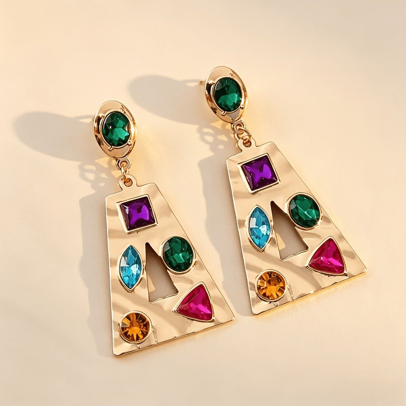Multicolor Gem Geometric Drop Earrings
