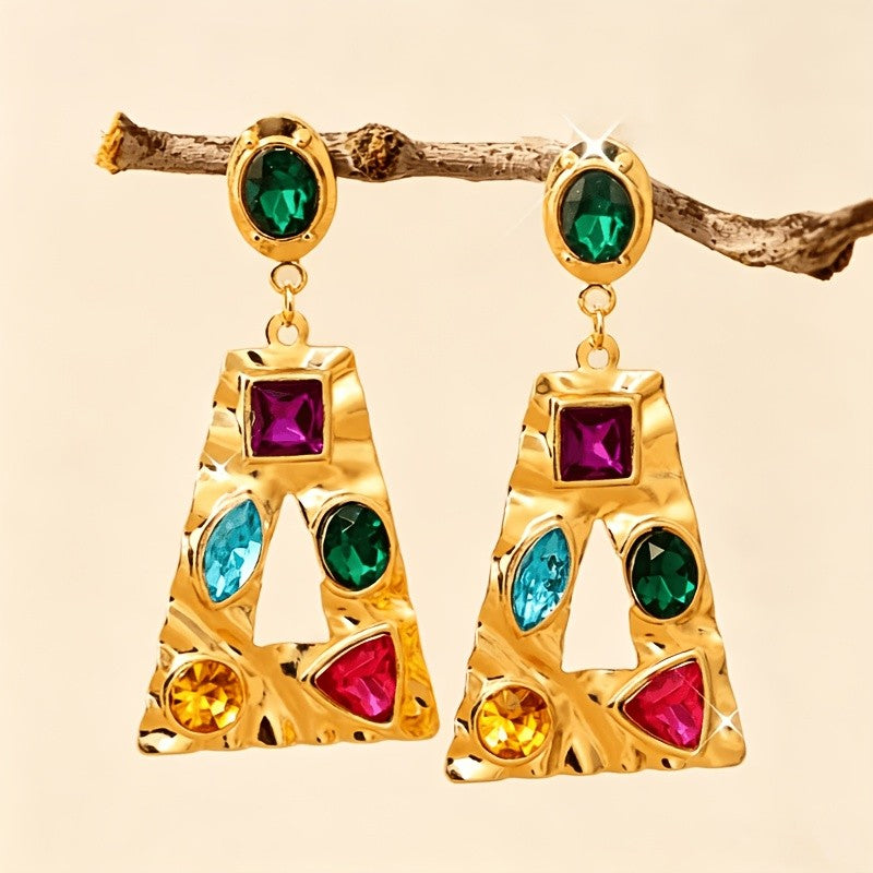 Multicolor Gem Geometric Drop Earrings