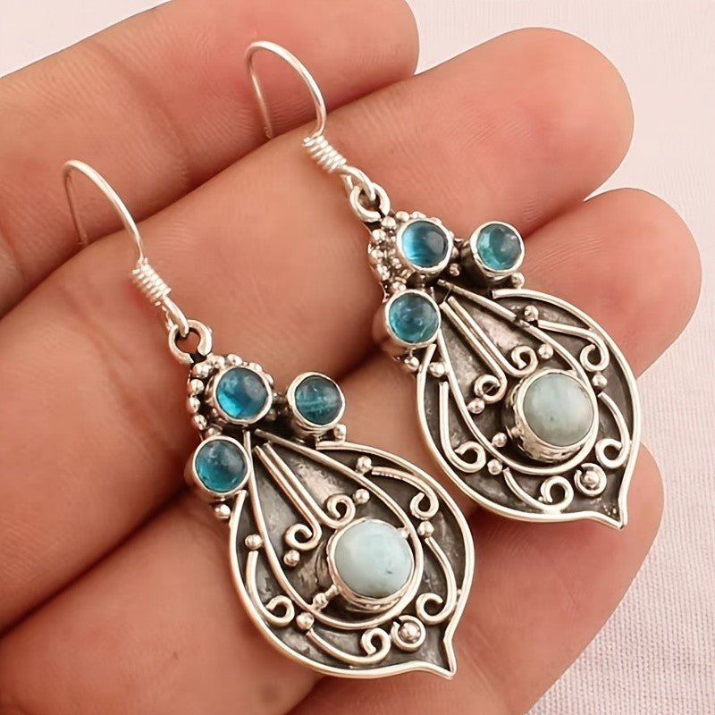 Blue Stone Filigree Leaf Drop Earrings