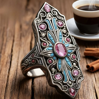 Pink Stone & Turquoise Hamsa Ring
