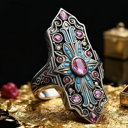 Pink Stone & Turquoise Hamsa Ring