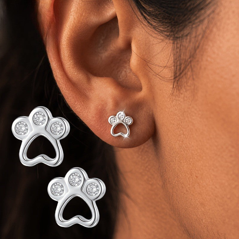 Silver Crystal Paw Heart Stud Earrings