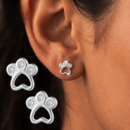 Silver Crystal Paw Heart Stud Earrings