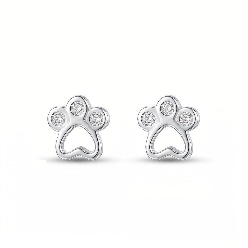 Silver Crystal Paw Heart Stud Earrings