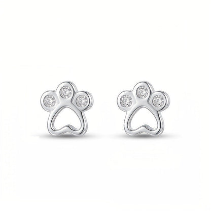 Silver Crystal Paw Heart Stud Earrings