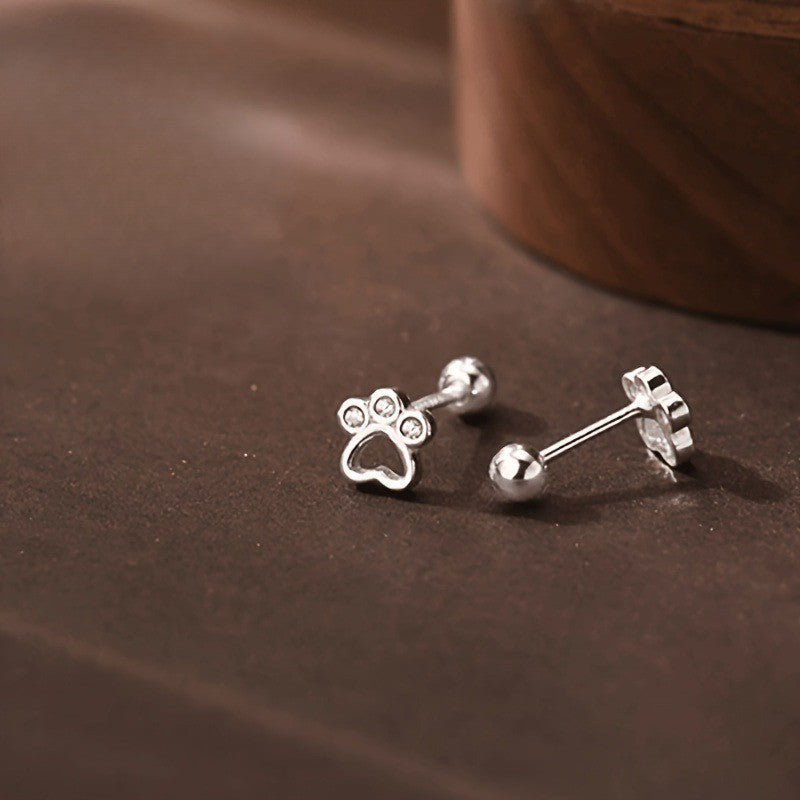 Silver Crystal Paw Heart Stud Earrings