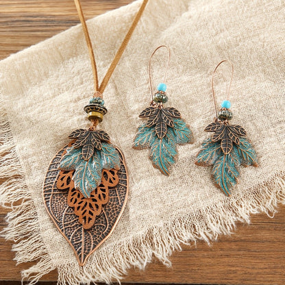 Patina Leaf Necklace & Earring Set