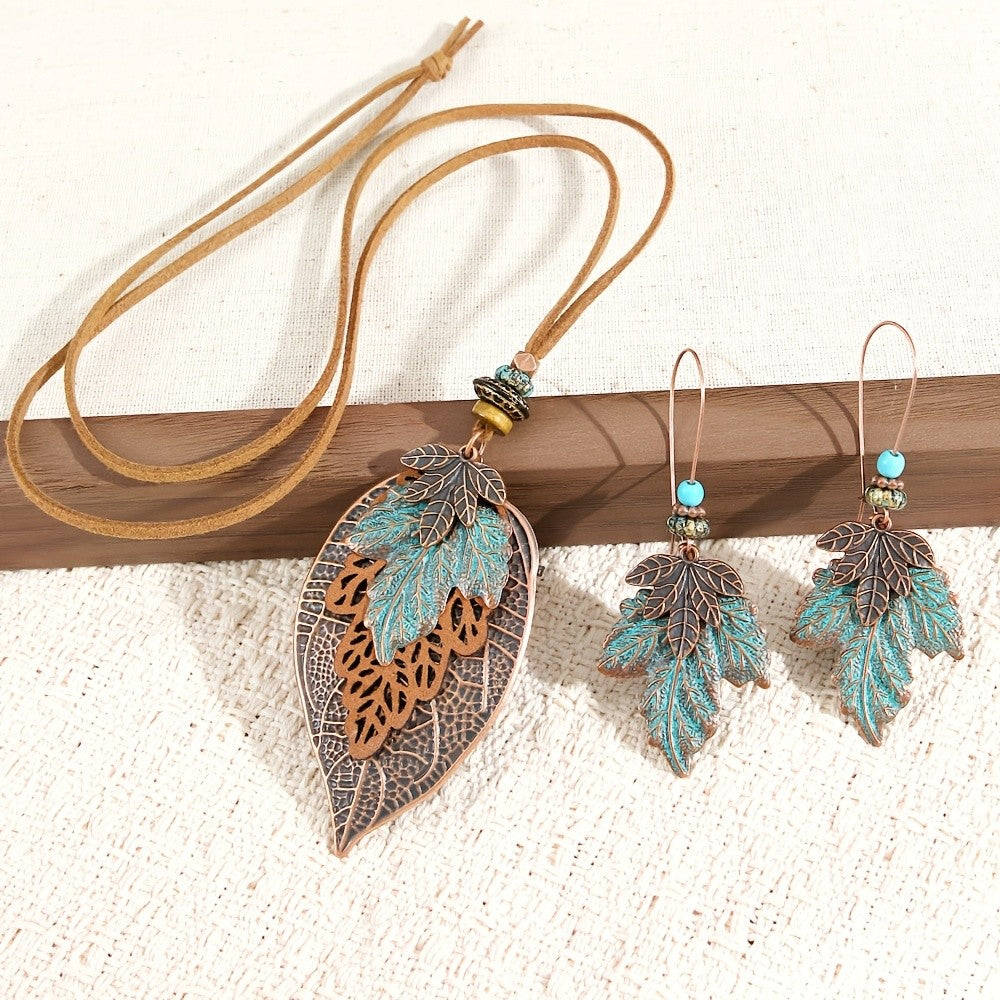 Patina Leaf Necklace & Earring Set
