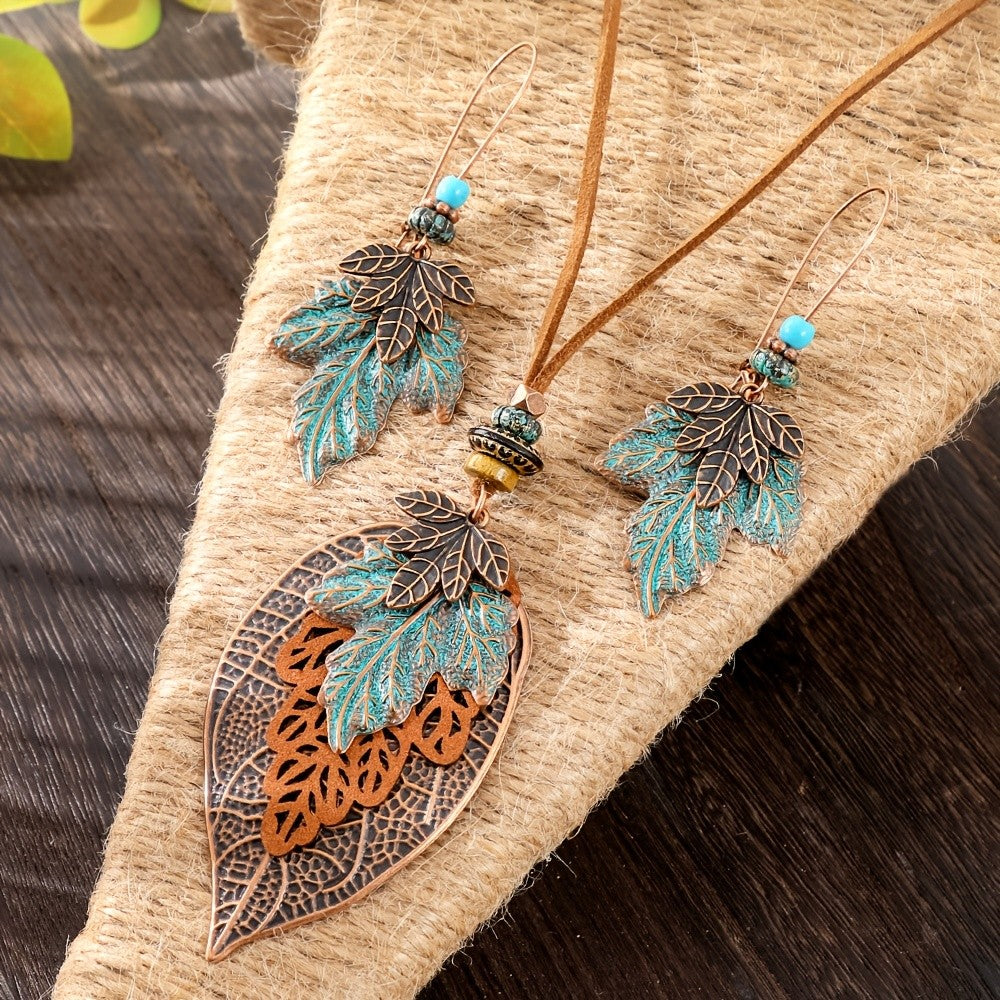 Patina Leaf Necklace & Earring Set