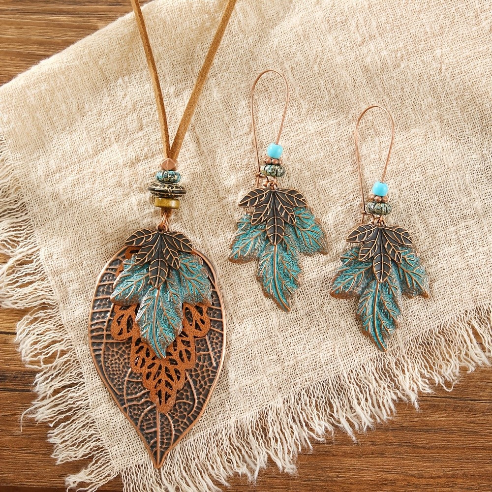 Patina Leaf Necklace & Earring Set