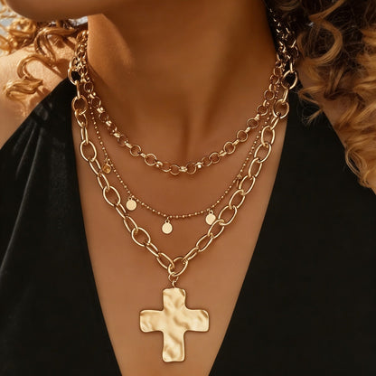 Hammered Cross & Disc Layered Necklace