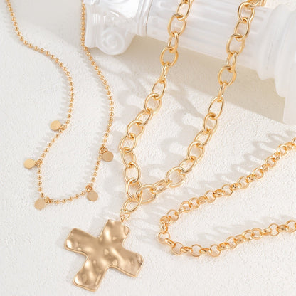 Hammered Cross & Disc Layered Necklace