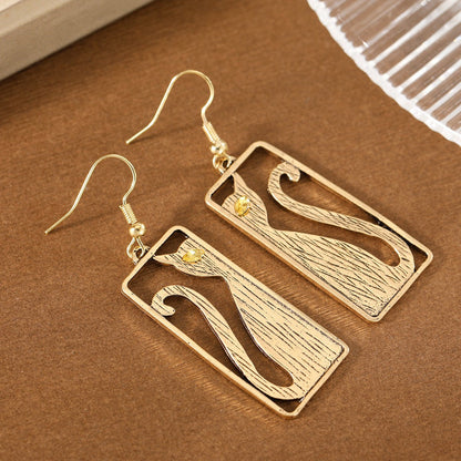 Brushed Cat Rectangle Drop Earrings