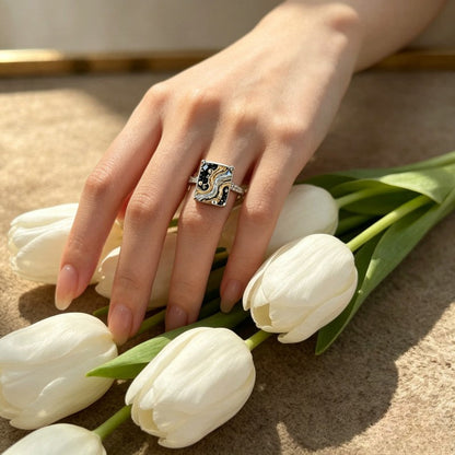 Black and Gold Fluid Square Ring