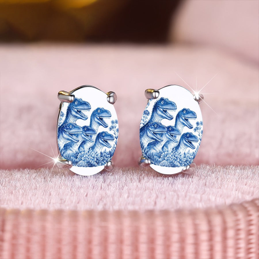 Blue Dinosaur Oval Earrings