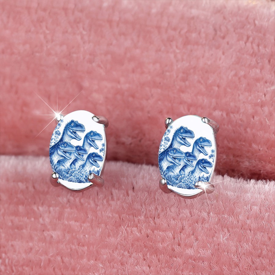 Blue Dinosaur Oval Earrings