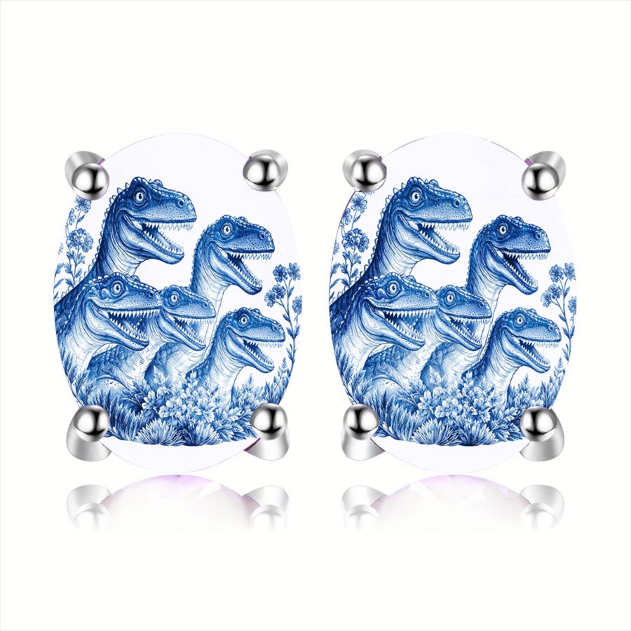 Blue Dinosaur Oval Earrings