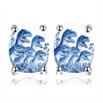 Blue Dinosaur Oval Earrings