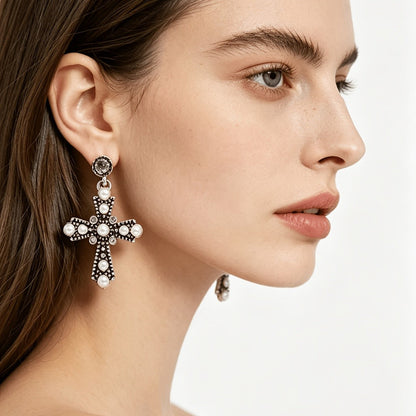 Vintage Pearl Cross Earrings