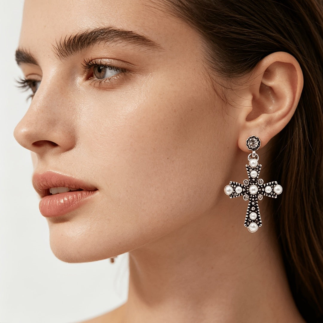 Vintage Pearl Cross Earrings