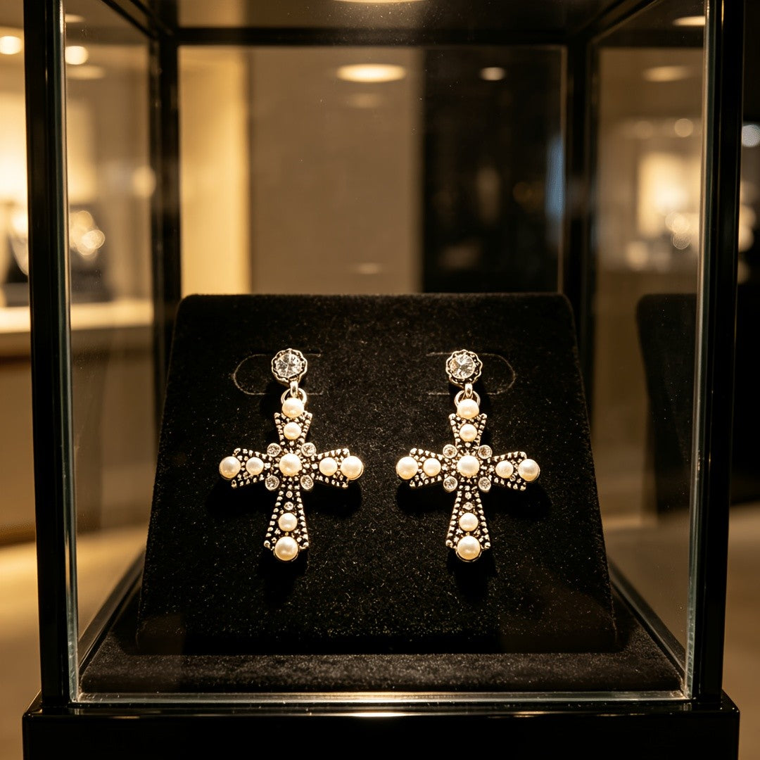Vintage Pearl Cross Earrings