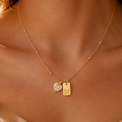 Crystal Heart & Initial Tag Necklace