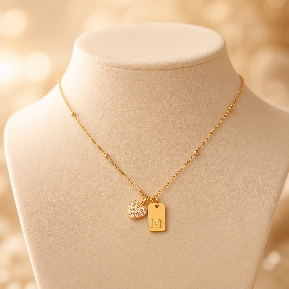 Crystal Heart & Initial Tag Necklace