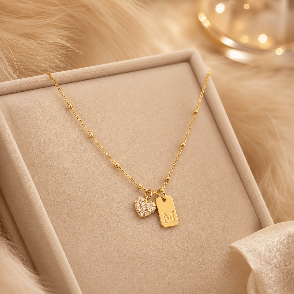 Crystal Heart & Initial Tag Necklace