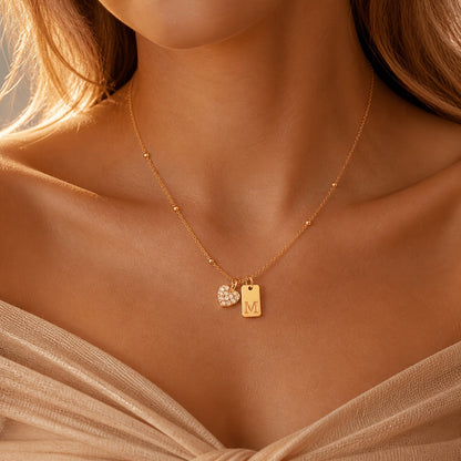 Crystal Heart & Initial Tag Necklace