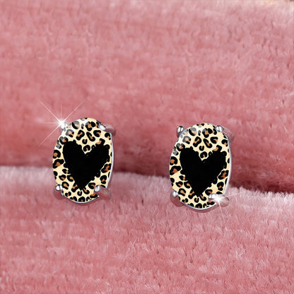 Leopard Print Oval Heart Stud Earrings