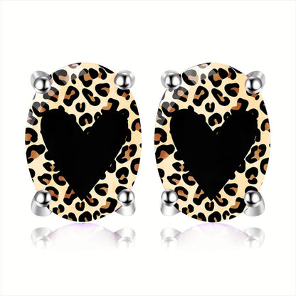 Leopard Print Oval Heart Stud Earrings