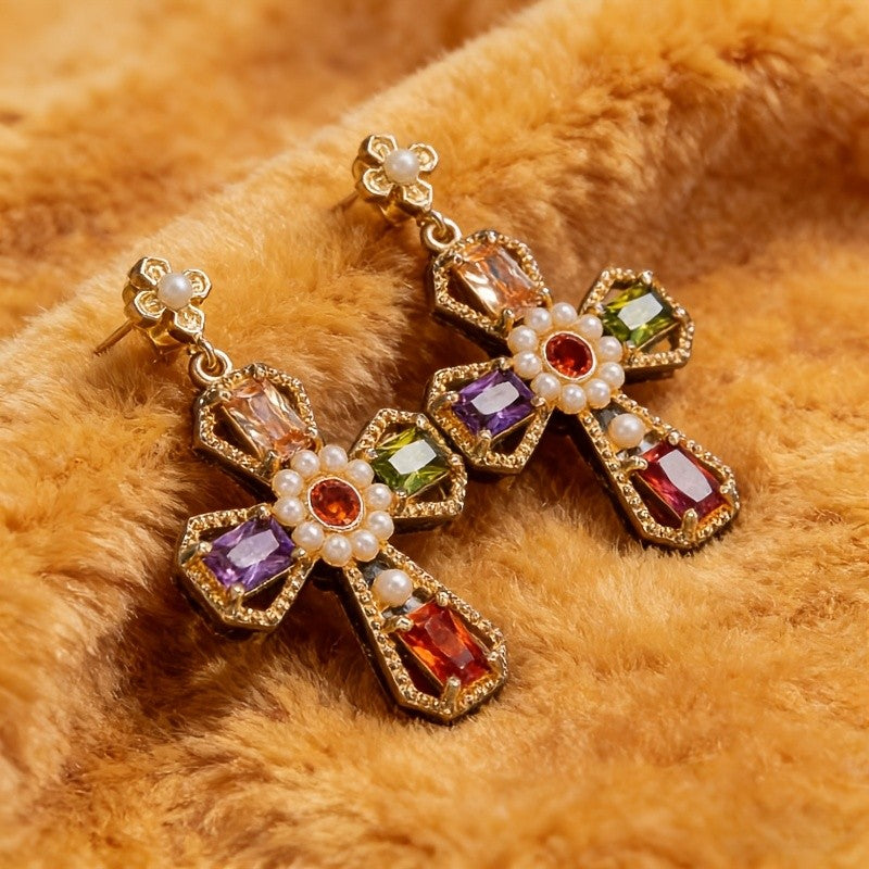 Multi-Color Gemstone Cross Earrings
