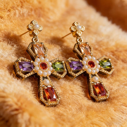 Multi-Color Gemstone Cross Earrings