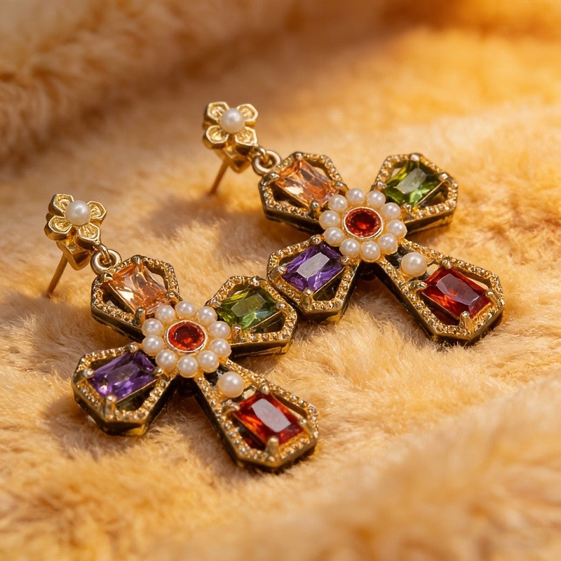 Multi-Color Gemstone Cross Earrings