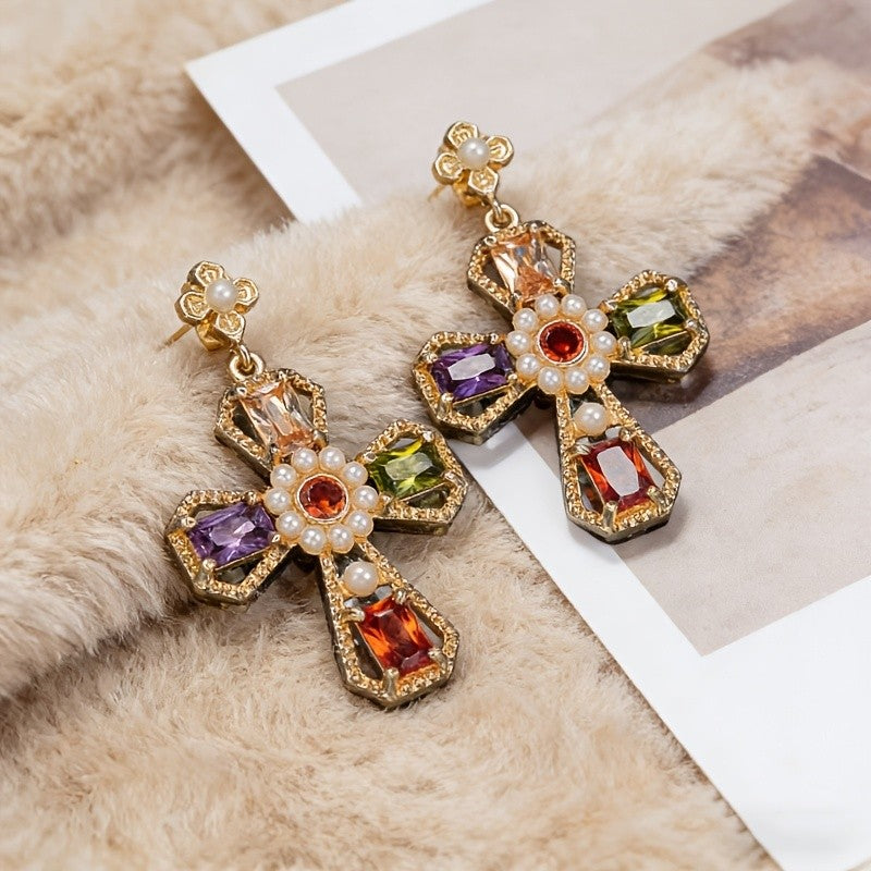 Multi-Color Gemstone Cross Earrings