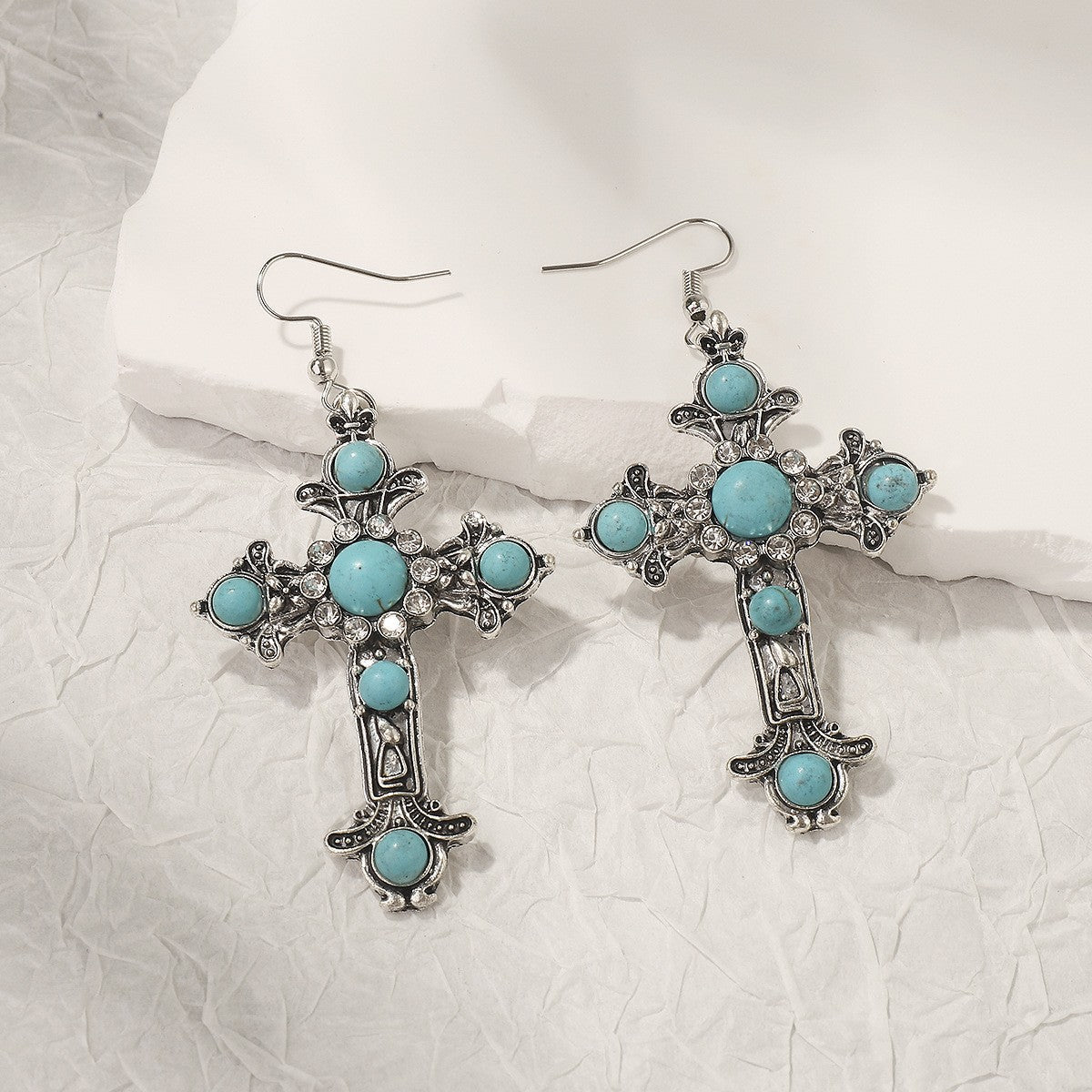 Turquoise Crystal Cross Earrings