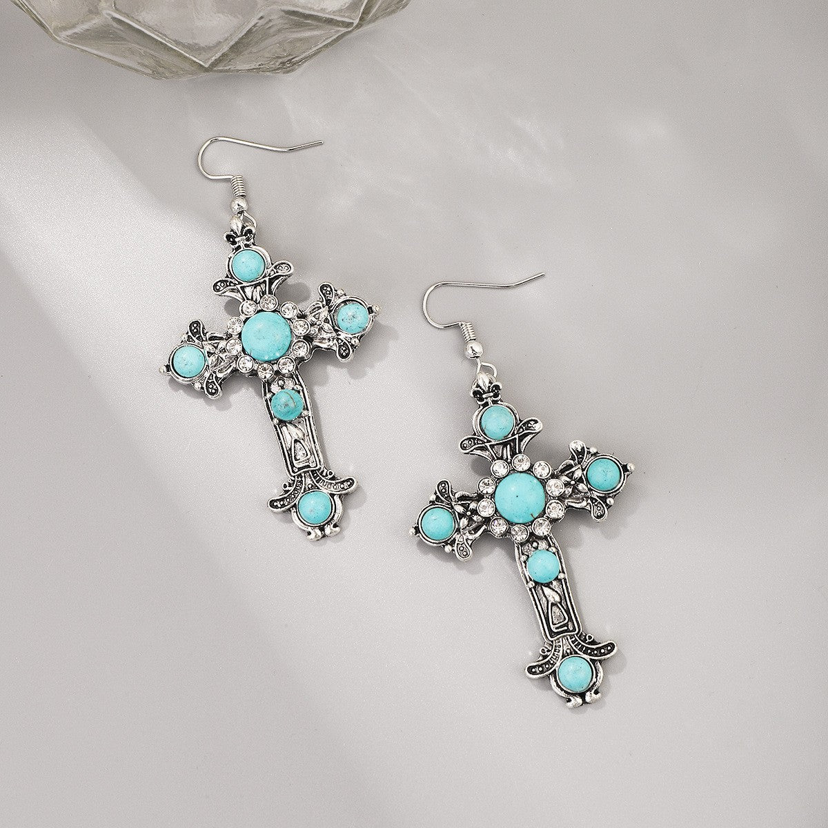 Turquoise Crystal Cross Earrings