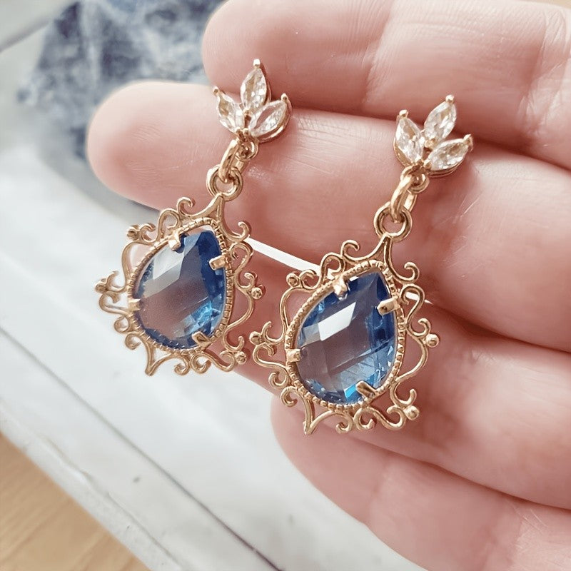 Blue Teardrop Scroll Dangle Earrings