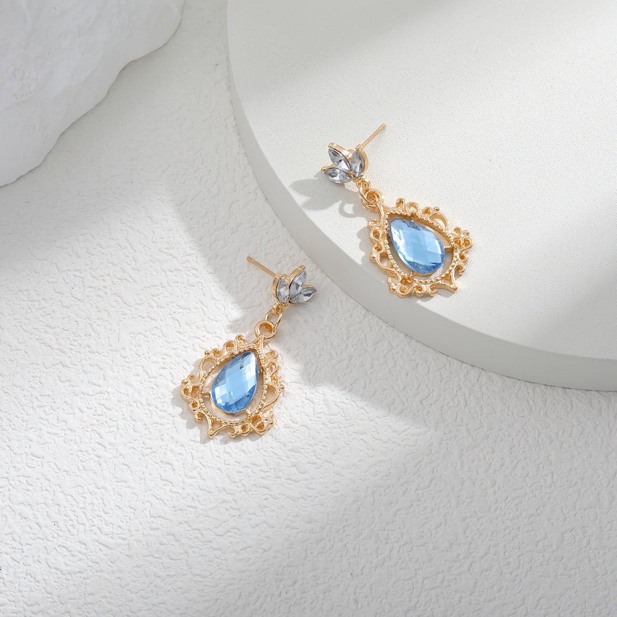 Blue Teardrop Scroll Dangle Earrings
