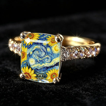 Starry Night Sunflower Square Ring