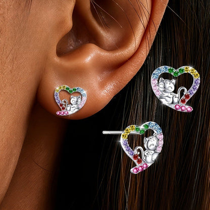 Colorful Cat Heart Stud Earrings