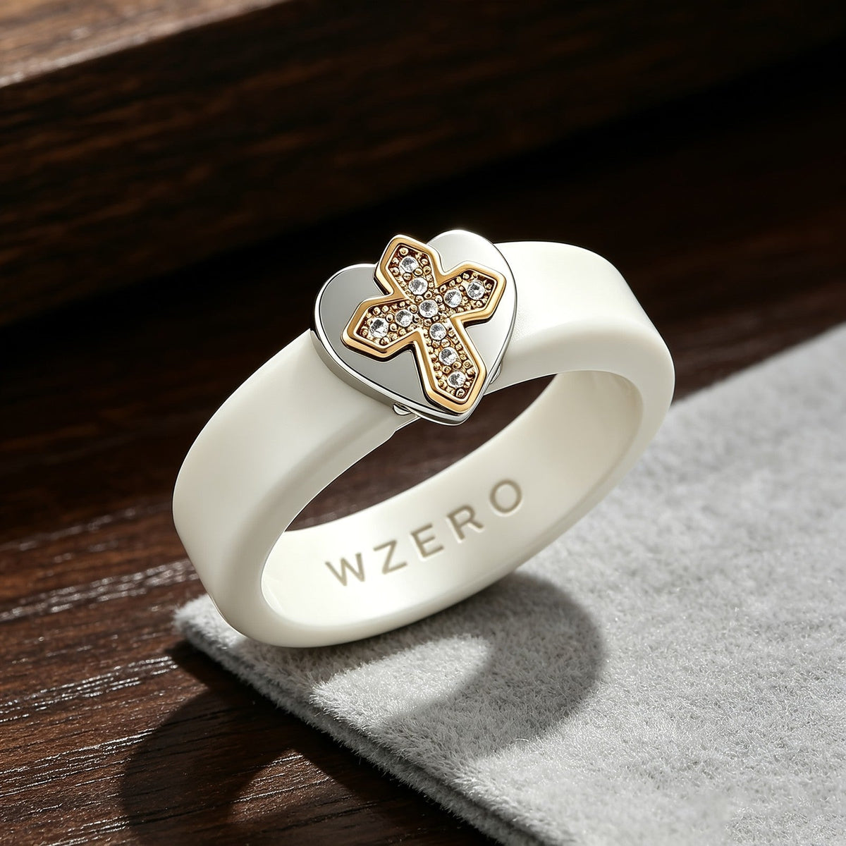 Cream Silicone Pave Cross Heart Ring