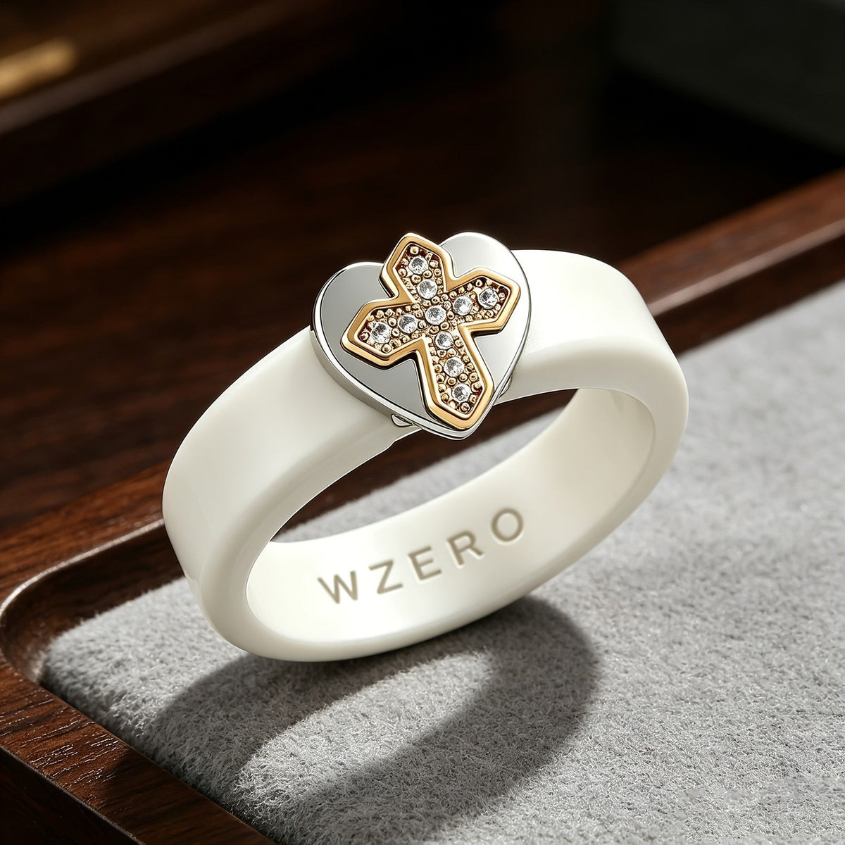 Cream Silicone Pave Cross Heart Ring