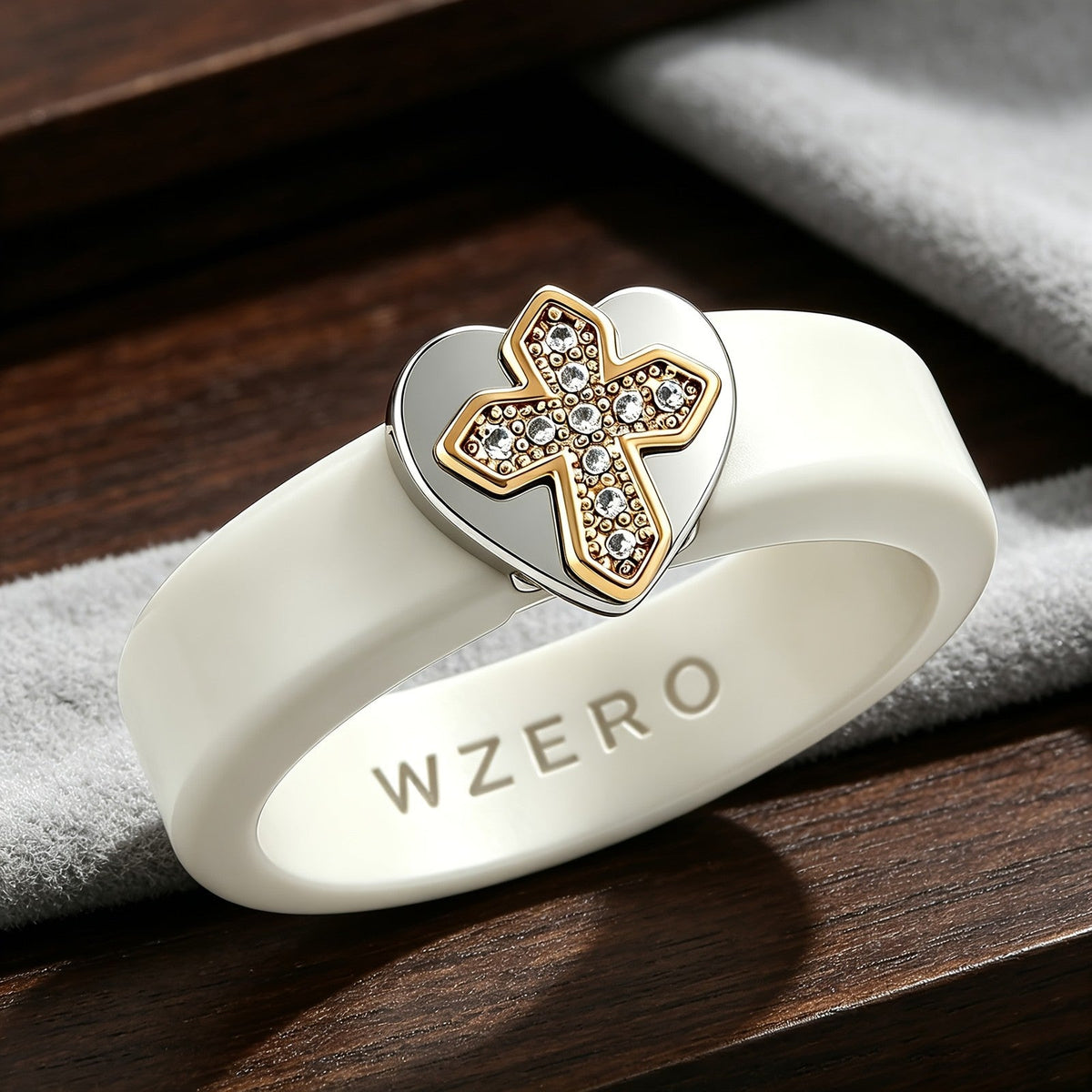Cream Silicone Pave Cross Heart Ring