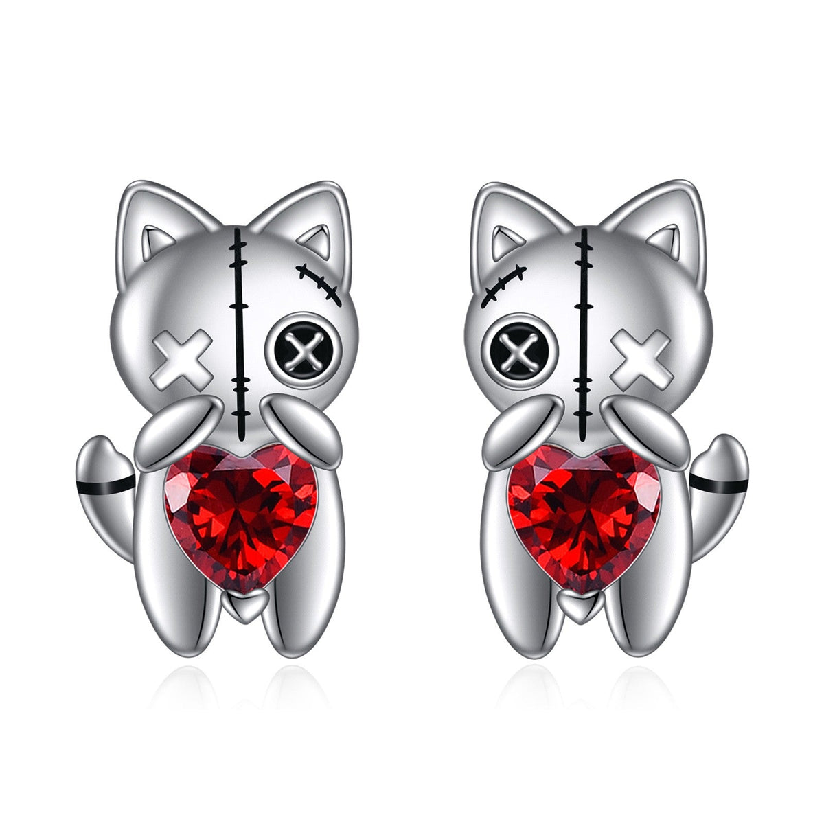 Stitched Cat Red Heart Stud Earrings
