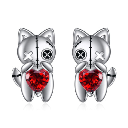 Stitched Cat Red Heart Stud Earrings