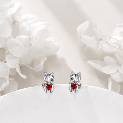 Stitched Cat Red Heart Stud Earrings