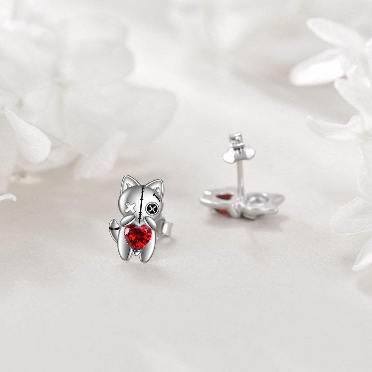 Stitched Cat Red Heart Stud Earrings