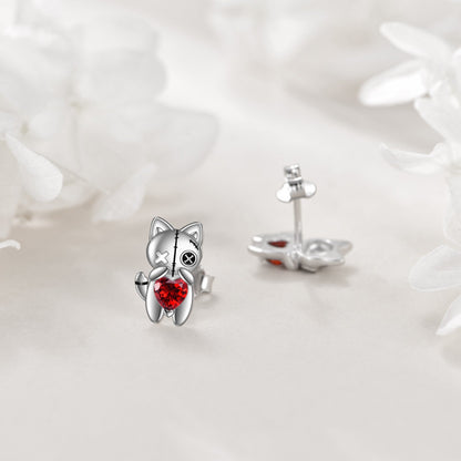 Stitched Cat Red Heart Stud Earrings